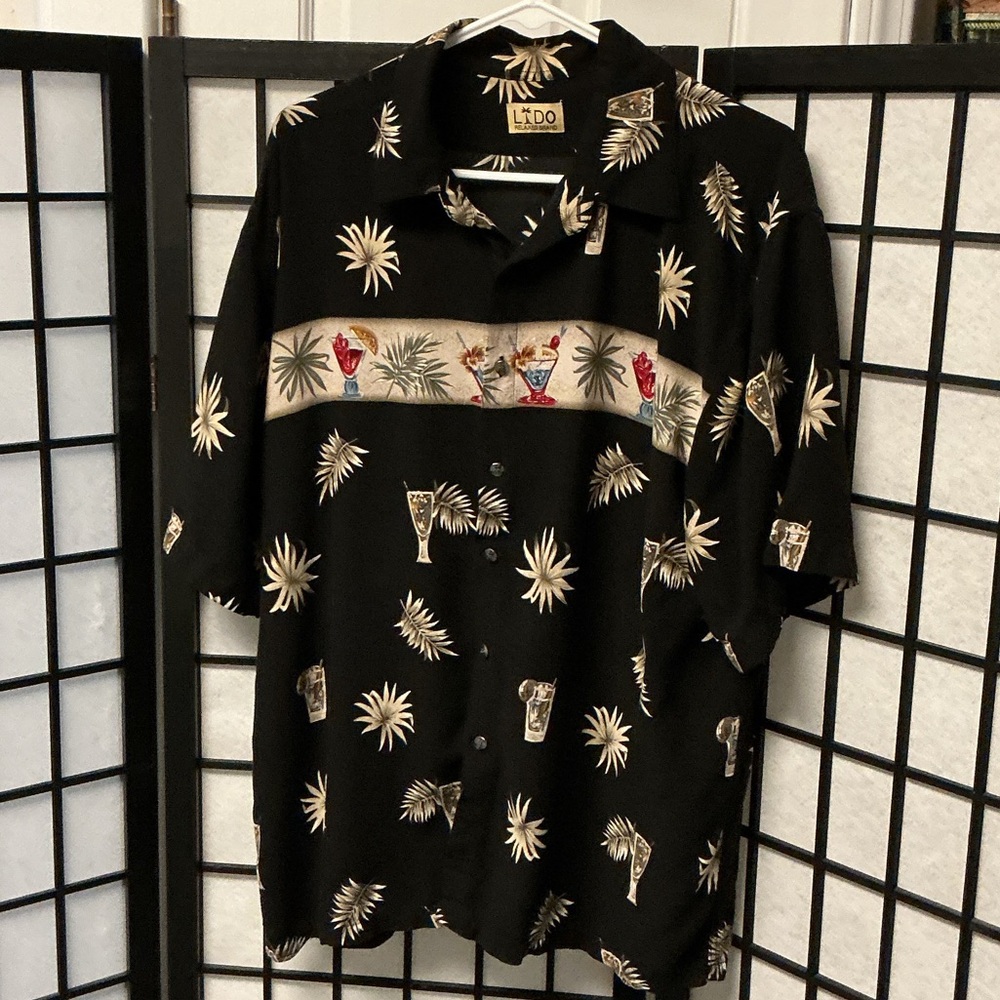 Black Tropical Cocktail Print Short-Sleeve Button-Down Shirt